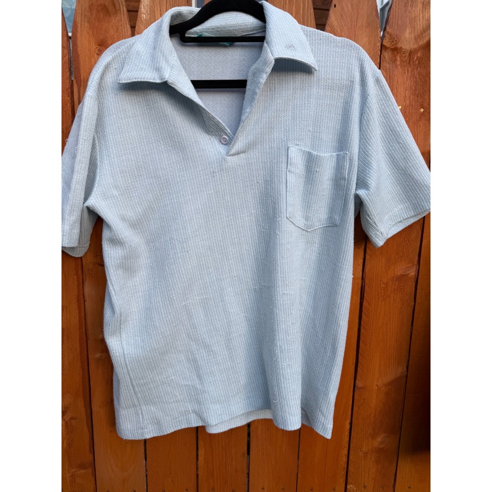 Vintage Royale-Air Mens Blue Textured Knit Short Sleeve Polo Shirt Pocket Retro